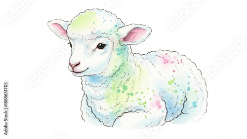 Cute pastel lamb with colorful spots on white background