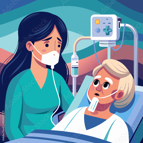Sad woman in hospital. Intensive care unit, woman in oxygen mask and doctor. Artificial lung ventilation, elderly sick vector medical illustration
