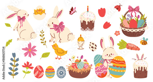 Set of Easter elements cute rabbits, basket, spring flowers, chicken, ribbons,  Easter cakes and eggs. Happy Easter. Collection of spring elements. Vector illustration