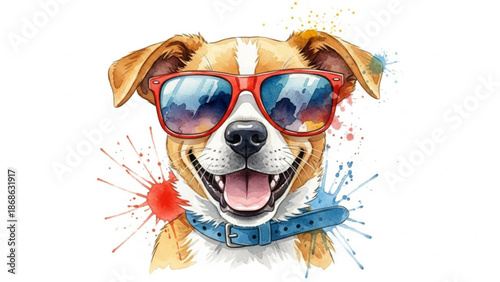 Smiling dog wearing trendy red sunglasses and blue collar