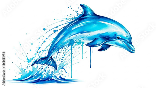 Vibrant blue dolphin jumping out of ocean waves with splash