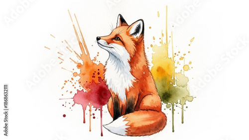 Vibrant orange fox sitting amidst colorful paint splatters