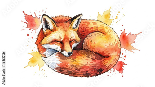 Sleeping fox curled up in autumn leaves with vibrant watercolor splashes