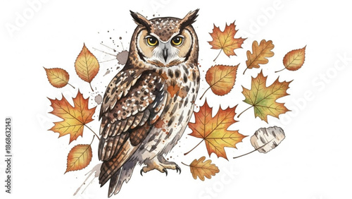 Autumn owl illustration with vibrant fall leaves and acorn