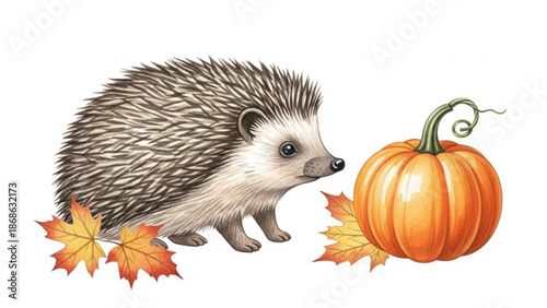 Cute hedgehog exploring autumn leaves and pumpkin in seasonal scene
