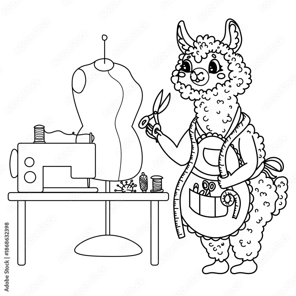 Obraz premium Vector illustration children's coloring book about professions. Linear alpaca tailor