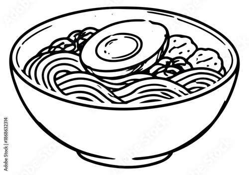 Hand drawn line art illustration of a bowl of ramen depicting an egg and noodles for food menus