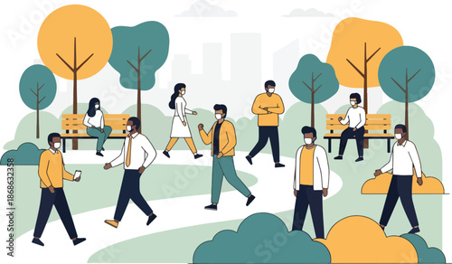 People wearing face masks walking and sitting in a park with city skyline background