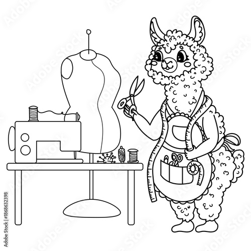 Vector illustration children's coloring book about professions. Linear alpaca tailor