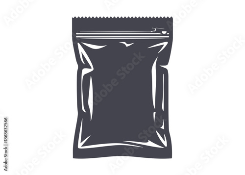 Black zip bag icon on a white background. Clear plastic package. Food ziplock bag, PVC pouch. Waterproof snack pouch. Isolated vector illustration.