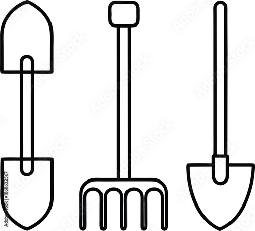 Minimal gardening tools pack line art vector on transparent background