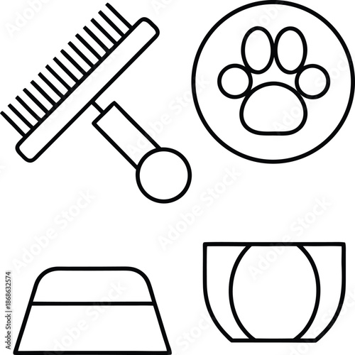 Minimal pet care items set line art vector on transparent background