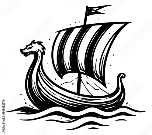 Hand drawn illustration of a viking longship depicting a dragon head prow for historical themes