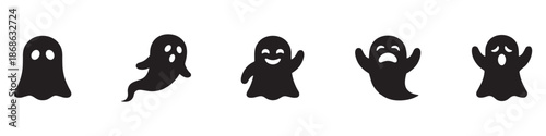 Set of cute ghost silhouettes. Funny and spooky cartoon phantom characters with various emotions, vector icon collection for Halloween design. Vector Illustration.