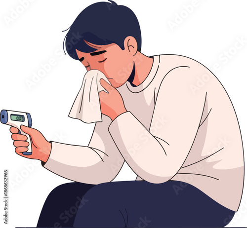 Person blowing nose while holding a digital thermometer