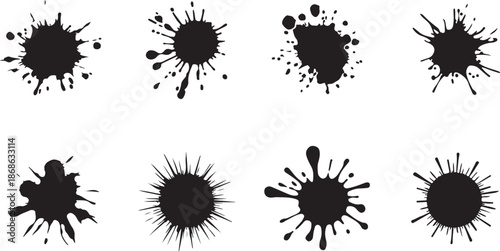 Black dried paint splattered in dirty style. Isolated black ink stencils for graphic design, text fields. Artistic texture of ink brush strokes, splatter stains, callout. Paintbrush, stroke vector set