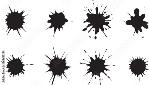 Black dried paint splattered in dirty style. Isolated black ink stencils for graphic design, text fields. Artistic texture of ink brush strokes, splatter stains, callout. Paintbrush, stroke vector set