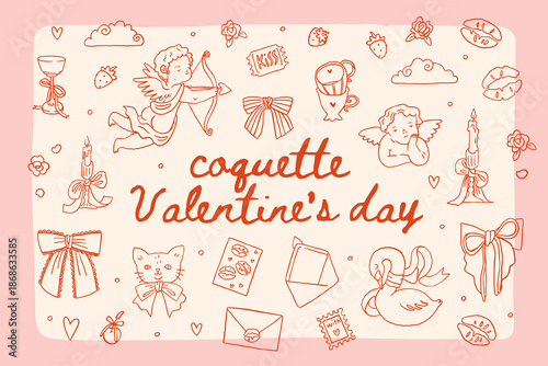 Whimsical Valentines day fun doodle elements collection. Red and pink coquette core cute romantic vintage illustration. Valentine core. Cute girly elements set. Whimsy retro valentine icons