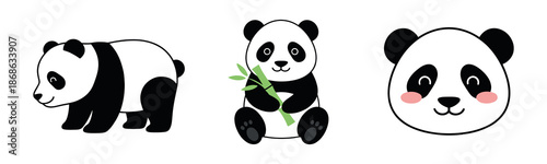 Collection of three cute panda illustrations featuring a walking pose, a sitting panda eating bamboo, and a smiling panda face with rosy cheeks.