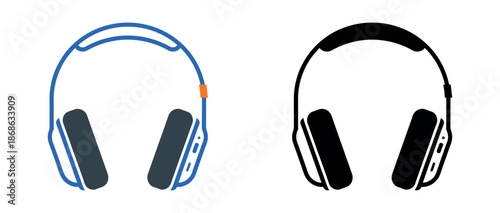 Modern wireless headset icons shown in a blue outline version and a solid black silhouette version, featuring clean lines and side buttons.