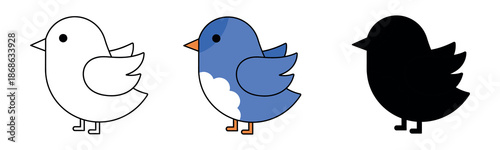 Trio of cute, chubby bird characters presented in outline, flat blue, and solid black silhouette styles.