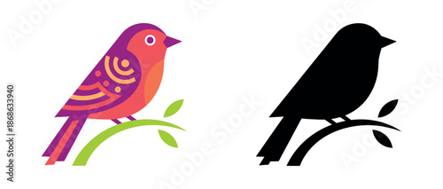 Folk-art inspired bird with vibrant patterns perched on a branch, paired with its high-contrast black silhouette.