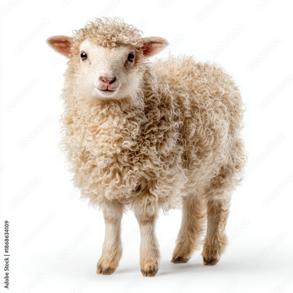 Fototapeta premium Cute fluffy lamb with curly wool standing on a white background