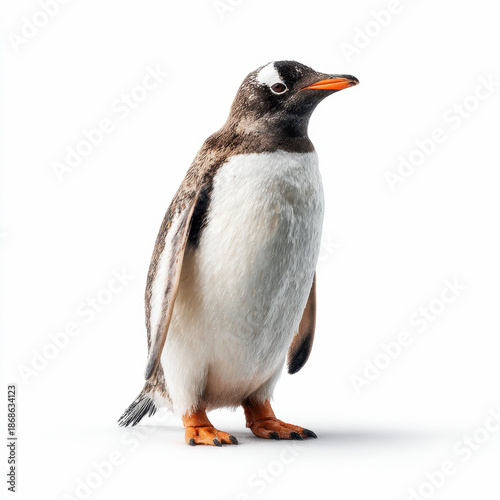 Gentoo penguin standing alone on white background displaying distinctive features. Penguin Awareness Day, World Penguin Day