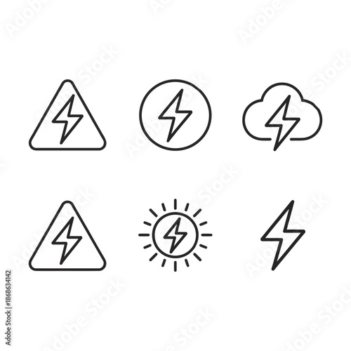 Set of black line lightning bolt icons with various geometric shapes and weather elements representing electricity flash energy and power concepts
