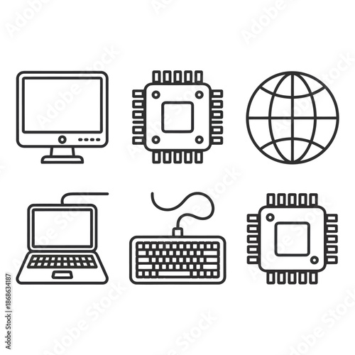 Linear technology icon collection featuring display screens microprocessors world wide web symbols portable laptops and peripheral input equipment