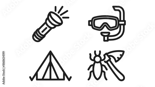 Outdoor adventure and camping equipment line icons set showcasing flashlight diving goggles camping tent and axe for tourism and recreation activity