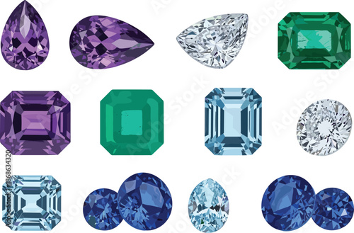 Luxury gemstone collection featuring amethyst, emerald, diamond, sapphire, and aquamarine crystals in various cuts like pear, emerald, round, and oval. (20 words)