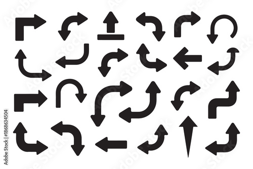 Thick black curved arrow symbols set for road signs and navigation instructions