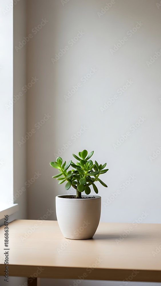 Fototapeta premium A small potted plant on a wooden table near a window with natural light