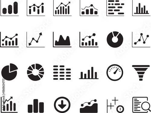 Advanced Data Analytics Icon Set: Solid Business Intelligence Charts, Performance Dashboard Metrics