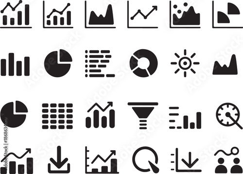 Data Visualization Icon Set: Performance Metrics Symbols, and High-Contrast Business Reporting Graphics