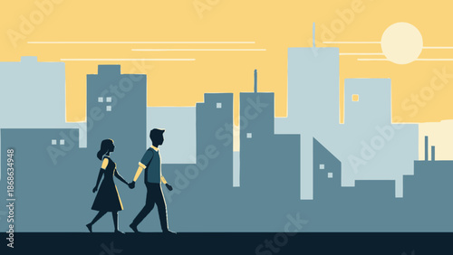 Couple Walking Hand in Hand in Front of City Skyline at Sunset.