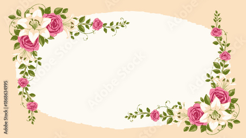 Floral frame with pink roses and white lilies on beige background.