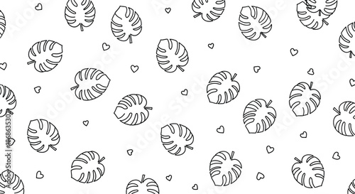 Playful seamless pattern with black and white line art monstera leaves and tiny hearts scattered across a white background.