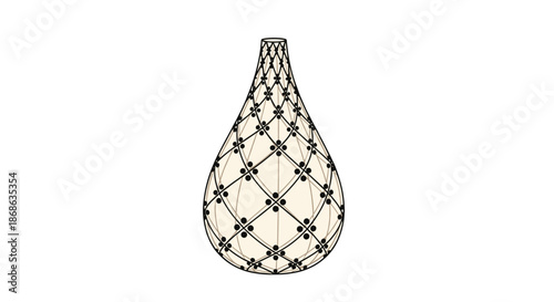 Elegant teardrop shaped vase decorated with an intricate black diamond and floral pattern on a cream colored surface.