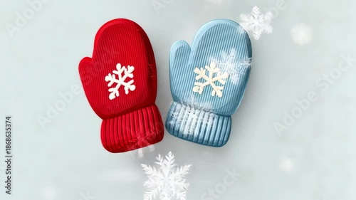 Colorful mittens with snowflakes on a winter background: cozy seasonal animation