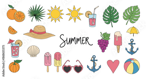 Diverse collection of colorful summer themed icons including sun fruits cocktails beach accessories and tropical leaves with text.
