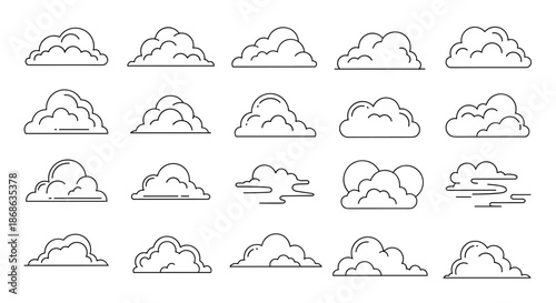Large set of twenty different cloud outline icons in various styles ranging from simple curves to stylized weather symbols.