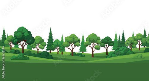Scenic landscape illustration with rolling green hills scattered trees and bushes under a clear sky for environmental concepts.
