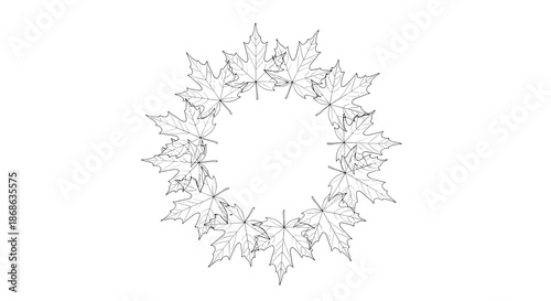 Circular wreath made of maple leaf outlines in black and white creating a delicate and minimalist autumnal frame design.