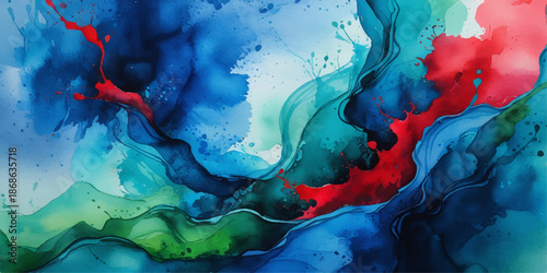 An artistic abstract watercolor painting features a colorful ink splash design with a grunge paper texture and blue brush strokes for a vibrant wallpaper illustration
