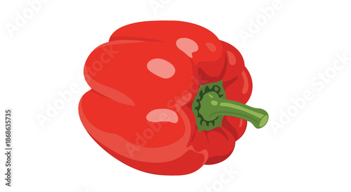 Realistic digital illustration of a fresh red bell pepper with its green stem is shown from a three quarter view on white.