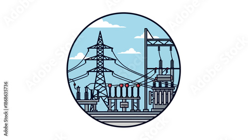 Electrical Power Station and Transmission Lines Illustration.