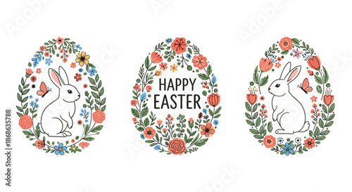 Three beautiful Easter eggs decorated with floral wreaths, white bunnies, and butterflies celebrate the spring season.