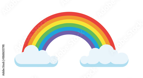 Classic bright rainbow with vibrant colors arches between two fluffy white clouds on a clean minimalist background.